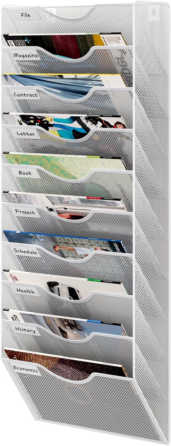 10 Tier Hanging Wall File Holder, Metal A4 Wall Mounted Document Holder, Vertical Hanging Mail Organizer, Magazine Storage Rack with Tray for Office Home Classroom, White
