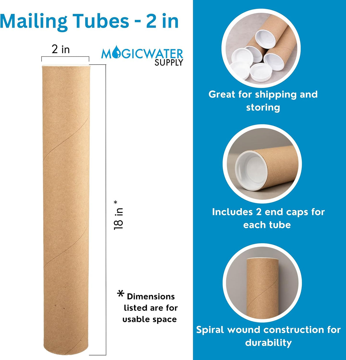 MagicWater Supply Mailing Tube - 2 in x 18 in - Kraft - 1 Pack - for Shipping and Storage of Posters, Arts, Crafts, and Documents