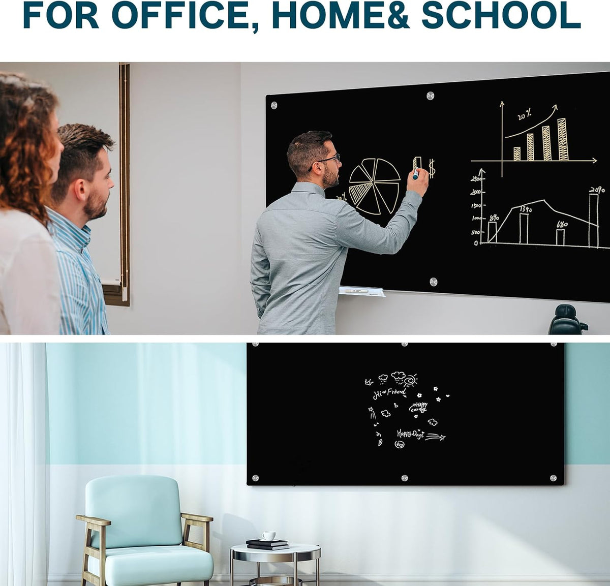 J&J worldwide Glass Whiteboard 6' x 4', Magnetic Black Glass Dry Erase Board, Black White Board Frameless, Includes Markers, Magnets, Marker Tray, Eraser for Wall, Office, Home, School