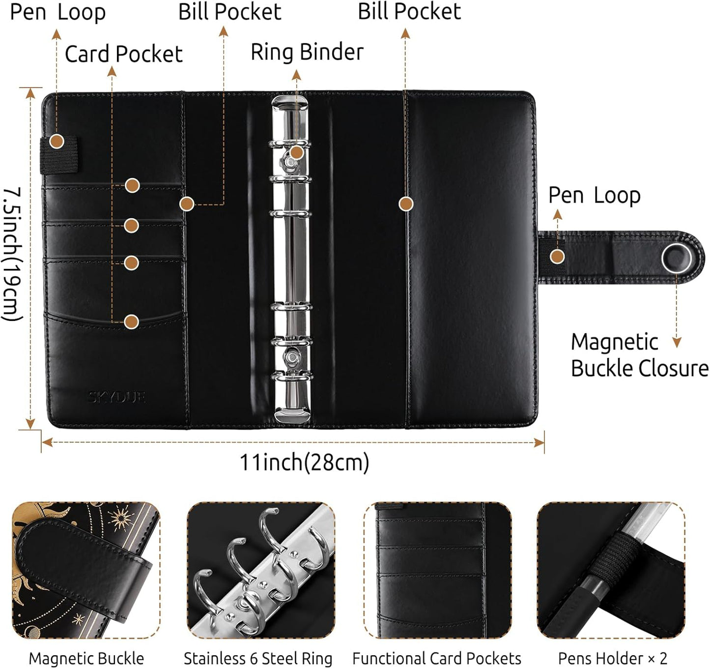 SKYDUE Budget Binder, Money Saving Binder with Zipper Envelopes, Cash Envelopes and Expense Budget Sheets for Budgeting (Black Golden)
