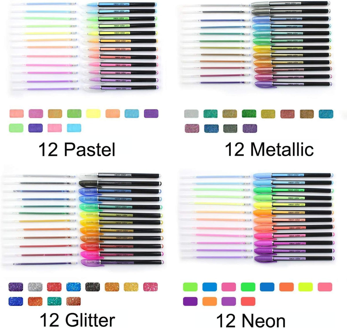 Lemical 48pcs Gel Ink Pens - 4 Types (12 Pastel, 12 Neon, 12 Metallic, 12 Glitter) Colors Drawing Pens for Greeting Cards, Coloring Books, Office Art