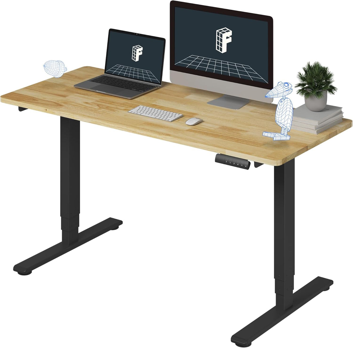 FLEXISPOT E6 Essential Solid Rubber Wood 3 Stages Dual Motor 55x24 Inch Electric Height Adjustable Standing Whole-Piece Board Desk Sit Stand Up Desk (Black Frame + Solid Wood Desktop)