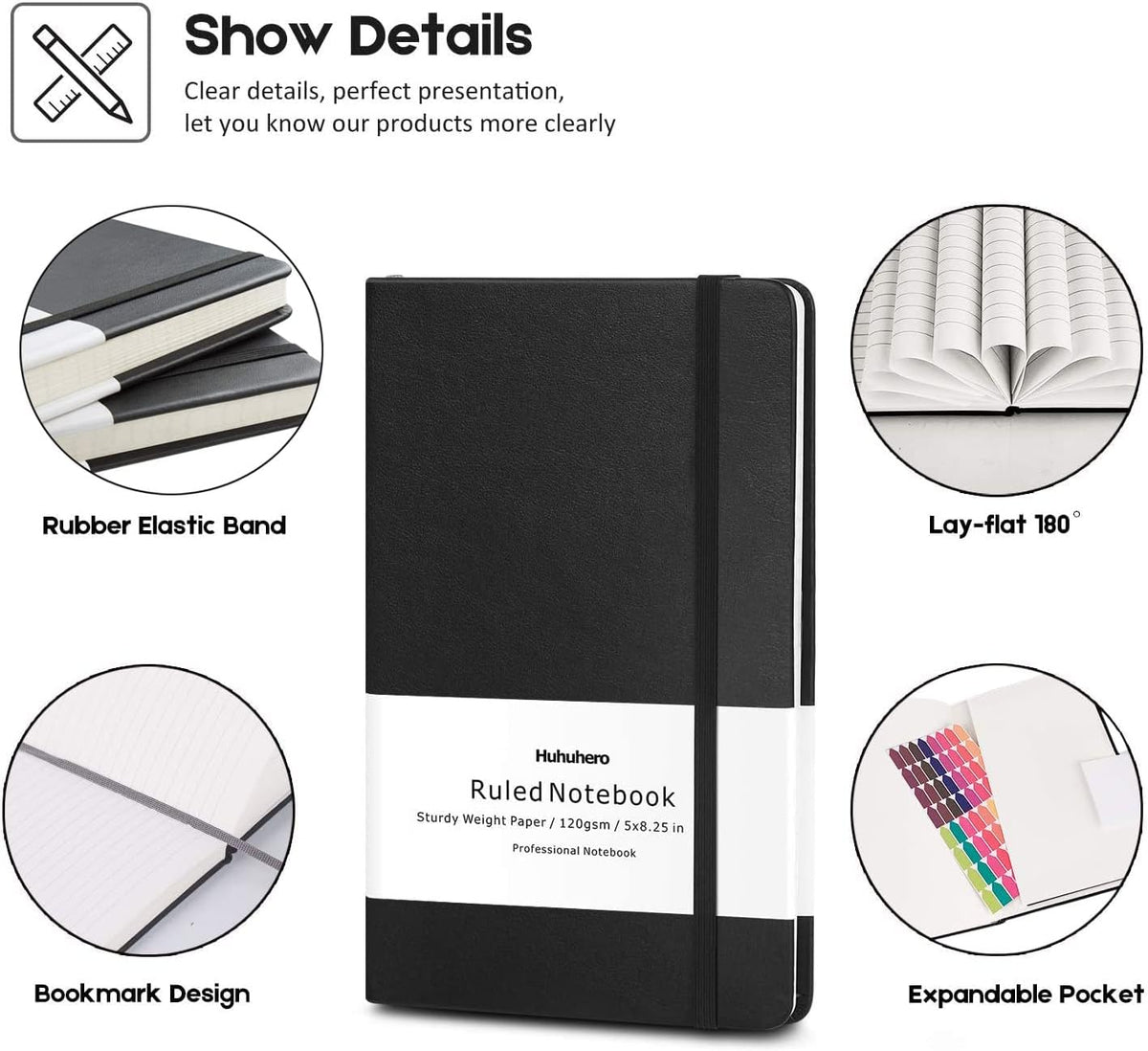 Huhuhero Lined Journal Notebook, 5 Pack Black Hardcover Notebooks for Work Women Men, 120Gsm Thick Paper Leather Journals for Writing Note Taking Business, Journaling School Supplies 5"×8.25"