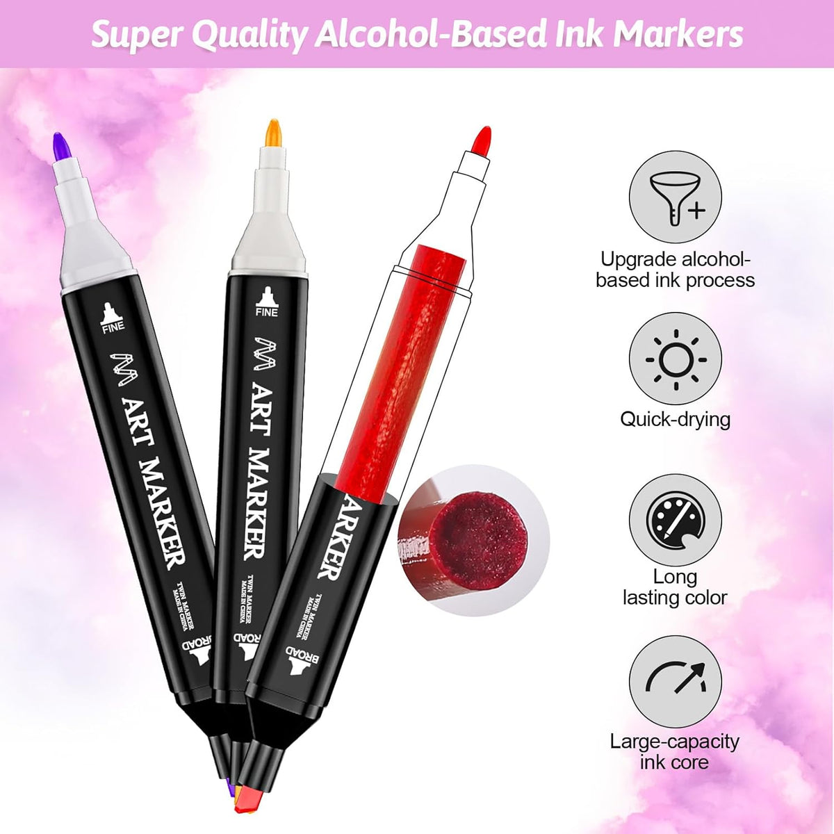 Banral Alcohol Markers, 24 Colors Dual Tip Alcohol Based Art Marker Set for Artists Adults, Permanent Drawing Pens for Adult Coloring Sketching Illustration