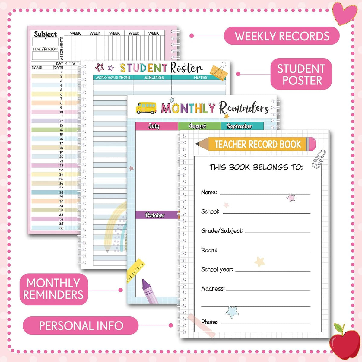 Fuyoooo Teacher Record Book Teacher Grade Books 2025-2026 Spiral Bound Record Class Grade Book Office Favors Gift for Classroom Attendance Supplies Decoration Double Sided(Pastel)