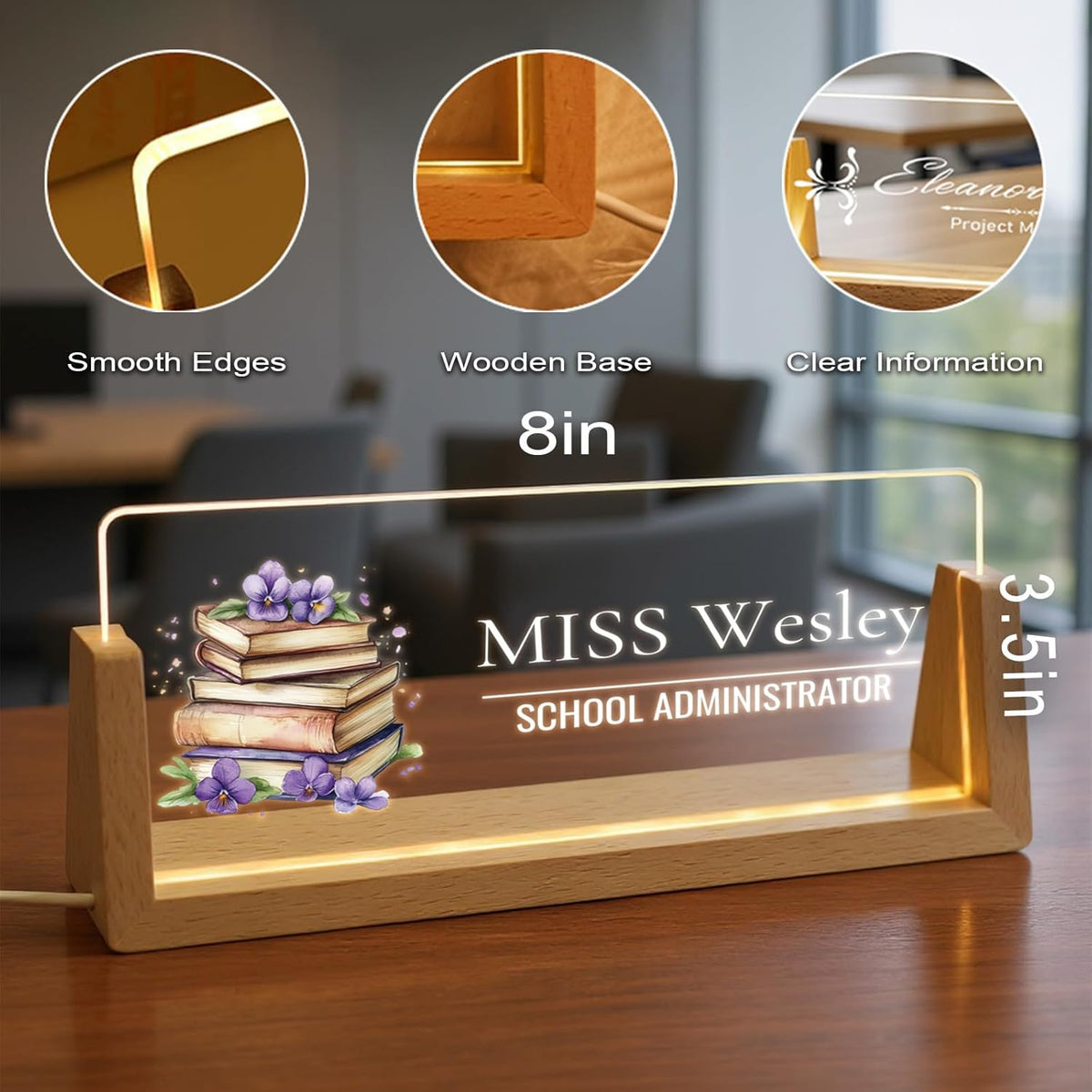 Custom Name Plate for Desk with Light Up Acrylic & Wooden Base - Personalized Office Sign for Teacher, Boss, Coworker - Employee Appreciation Gift for Educators Professionals