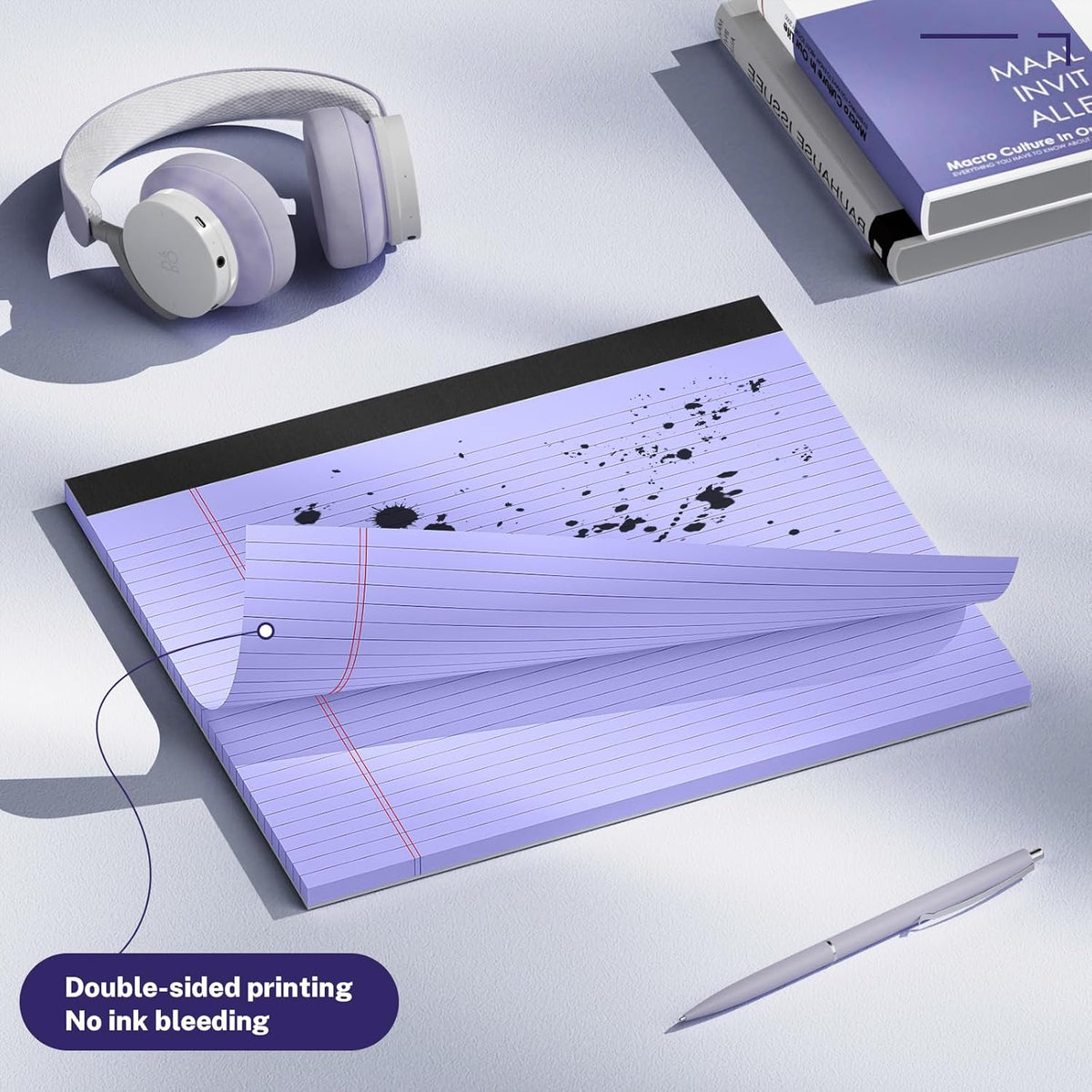 3 Pack Wide Legal Pads 11" x 9.5" (Landscape Format) Purple College Ruled Note Pad Narrow Ruled 30 Sheets per Notepad Perforated Writing Paper with Thick Backboard Horizontal Pads of Paper