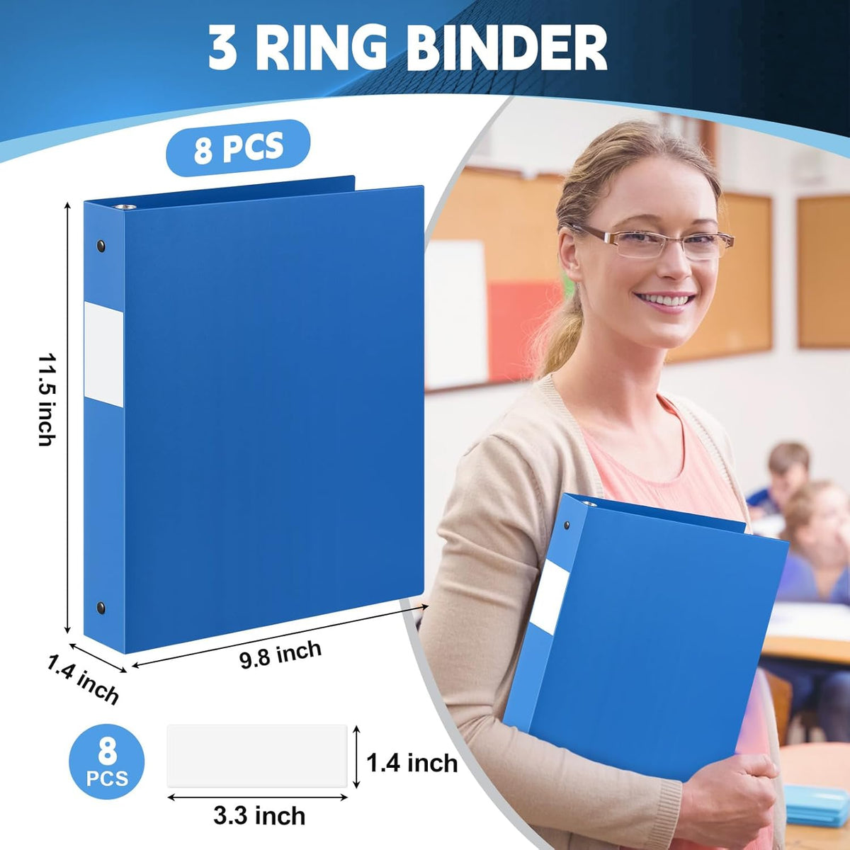 8 Pcs 1 Inch 3 Ring Plastic Binder Flexible Binders Bulk Fits Letter Size 8.5'' x 11'' Paper Holds up to 225 Sheets with 1 Pockets Versatile Binder for School Office Home (Blue)