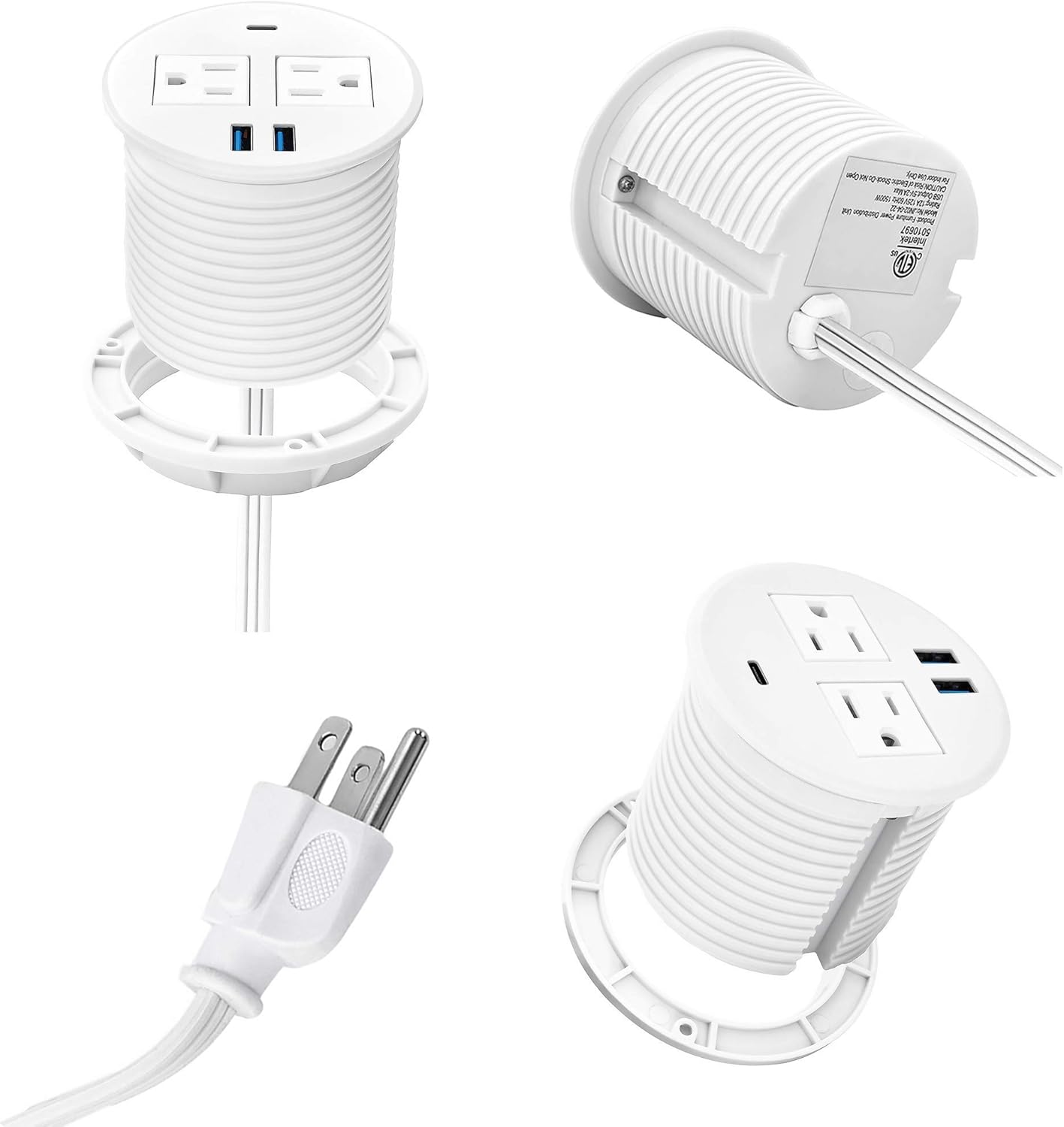 Kungfuking Desktop Power Grommet with PD 20W USB C,Recessed Power Strip with USB Port, Desk Outlet Socket with USB C,2 AC Outlets and 3 USB Charging Port 6.56 FT Extension Cord