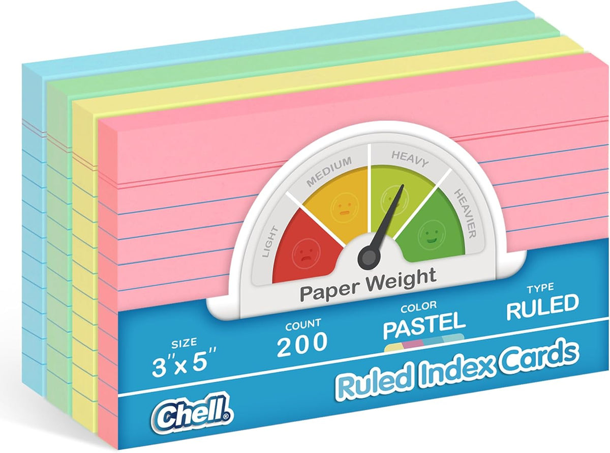 Chell 200 Count Index Cards 3x5 Inch Heavyweight, Ruled Front and Blank Back, 65 lb. Cover Weight, Pastel Colors
