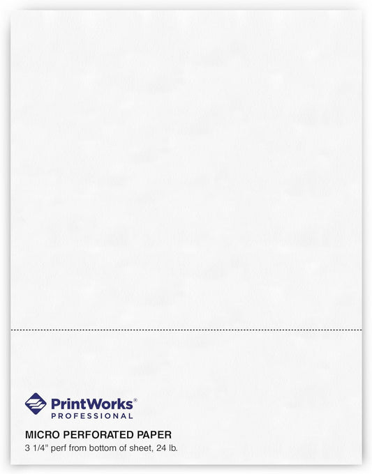 PrintWorks Professional 3 1/4" Horizontal Perforated Paper 8.5” x 11” - Perfect For W-2, 1099, & Statement Use - Made in the USA - 500 Sheets - 20 lb - Printer Compatible - White (04115)