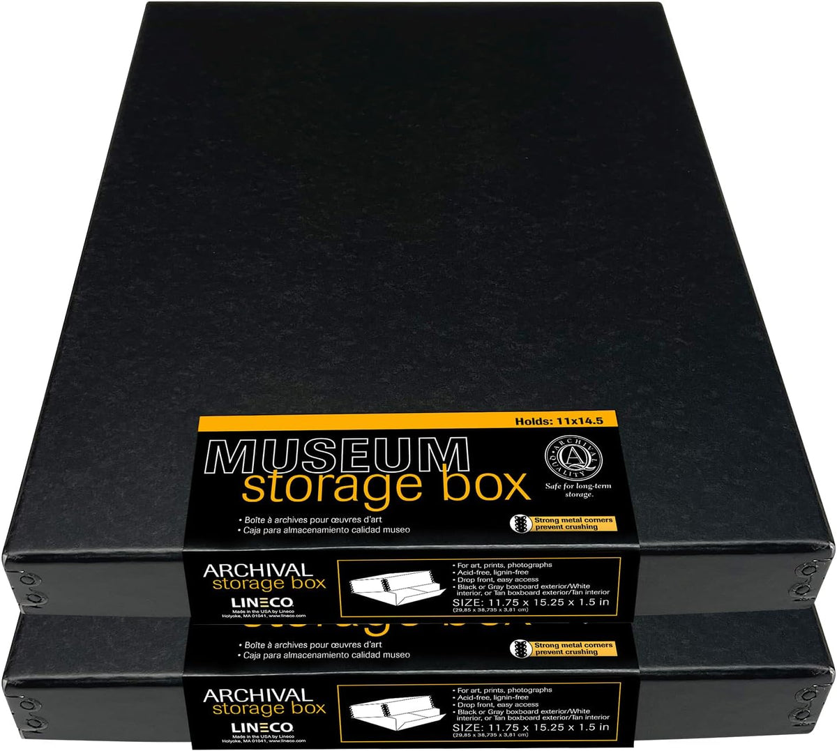 Lineco Museum Archival Storage Box, 11.75x15.25x1.5 in. Drop Front Design. Acid-Free with Metal Edge. Organize Photos, Pictures, Prints, Documents, Crafts, DIY. Black, 2 Pack