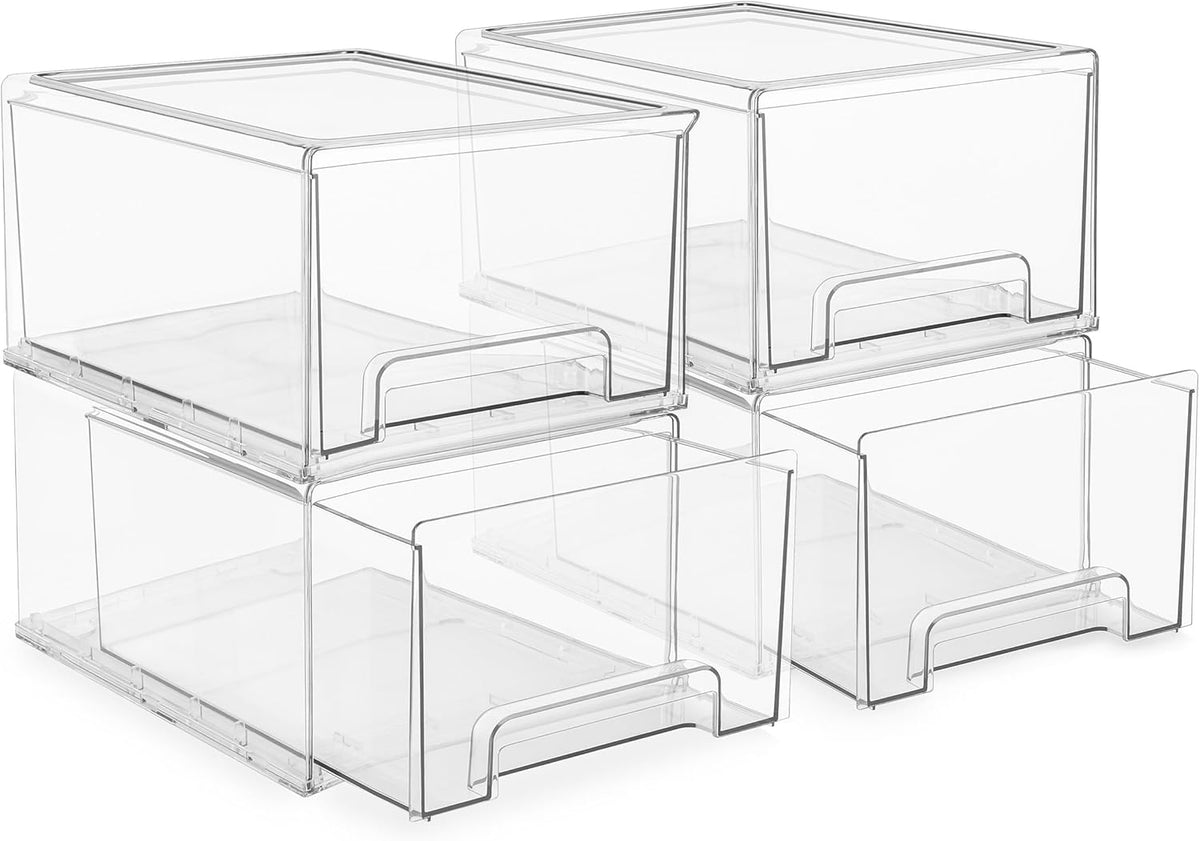 Sorbus Small Wide Clear Stackable Storage Drawers – 4-Pack Plastic Organizer Bins with Handles – Stackable Pull-Out Storage Drawers for Closet, Pantry, Office, Bathroom, Craft, and Toy Organization