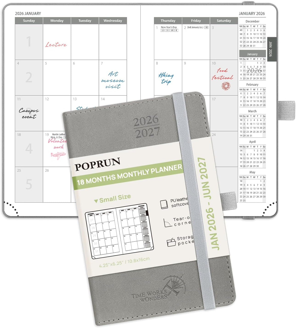 POPRUN Pocket Monthly Planner 2026-2027 (Pocket- 4''x 6.25'' Soft Leather Cover) - 18 Month Calendar Book for Purse (Jan.2026 - Jun. 2027), 100 GSM Thick Paper - Grey