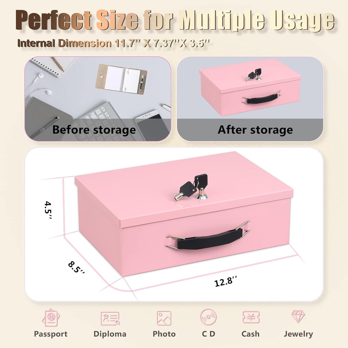 xydled Fire Resistant Safe Fire Safe Box with Key Lock for Home Office Security Storage for Valuables Documents,12.8 x 8.5 x 4.5 Inch,Pink