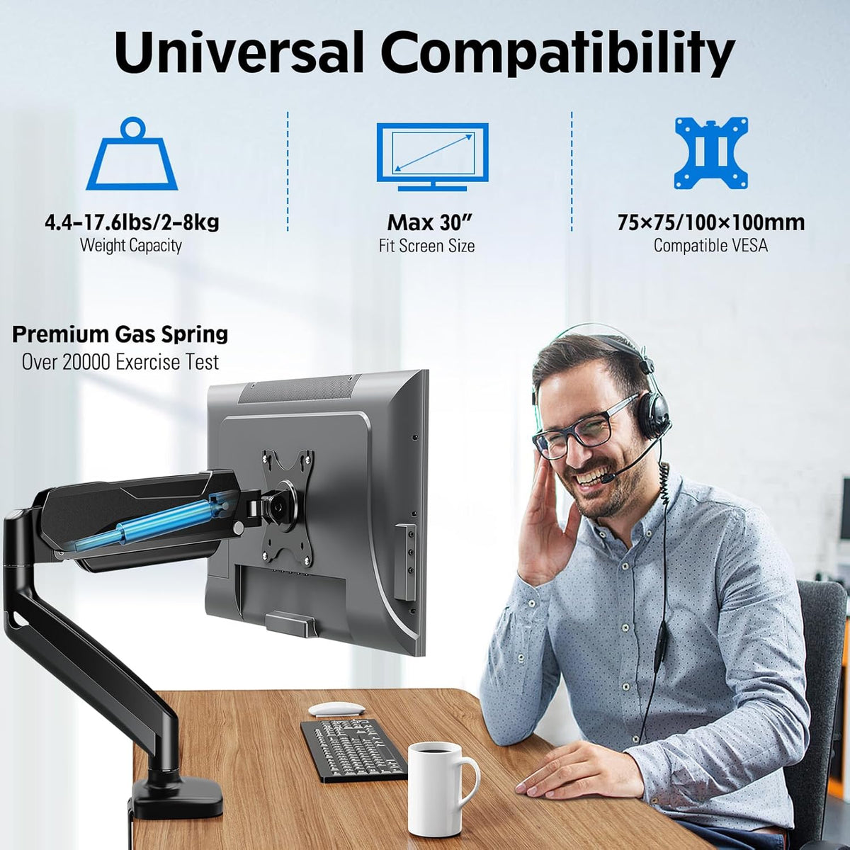 MOUNTUP Monitor Arm Desk Mount, Fully Adjustable, Computer Monitor Stand for 17-30 Inch, 4.4-17.6lbs Screen, VESA Mount with C Clamp & Grommet Base, Black