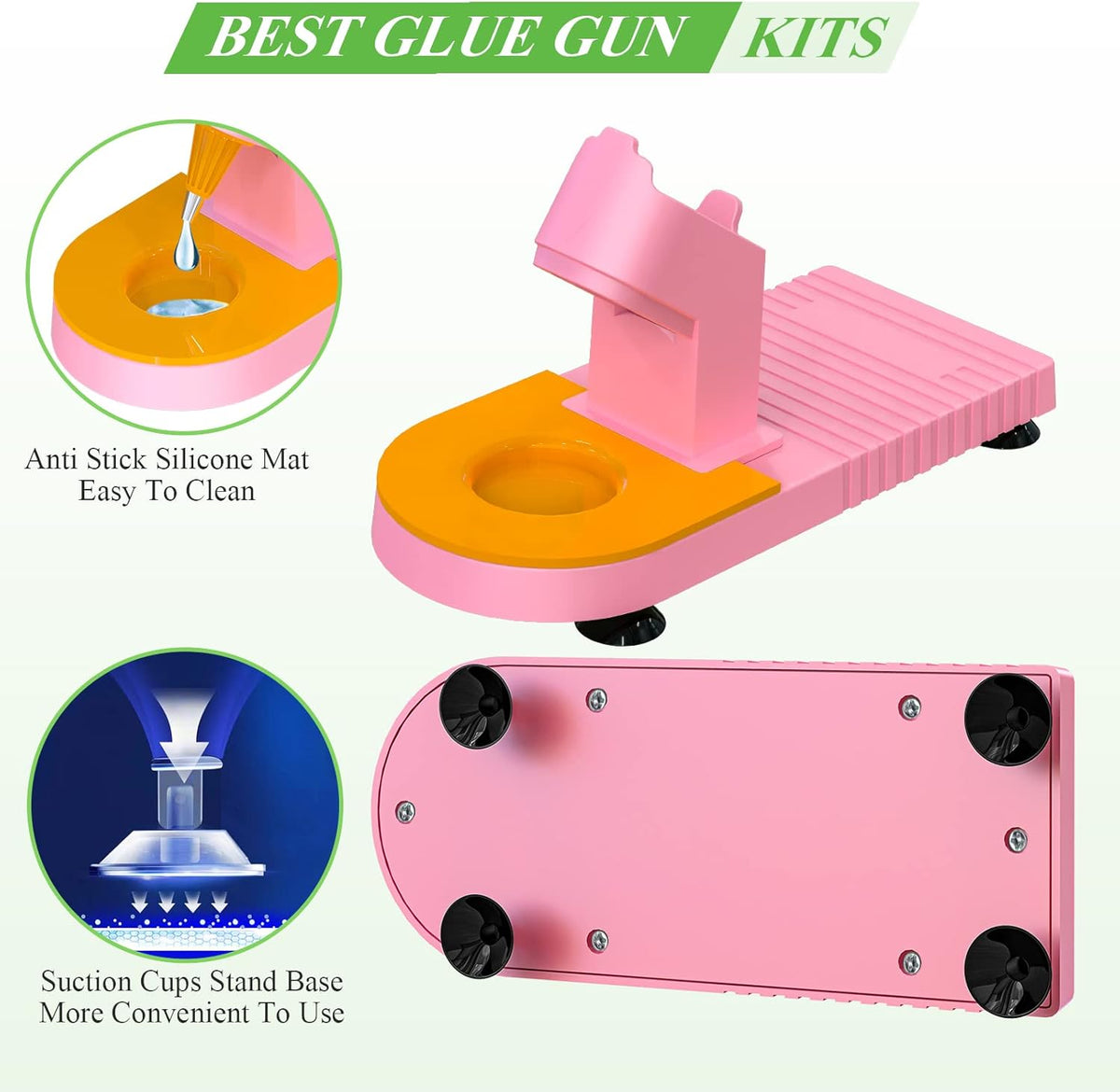 MONVICT Pink Hot Glue Gun Kit, Mini Glue Gun with Suction Cups Stand Anti Stick Silicone Mat, Hot Melt Glue Gun with Fine Tip & 30 Glue Sticks, On/Off Switch Design for DIY, Craft, Home School Project