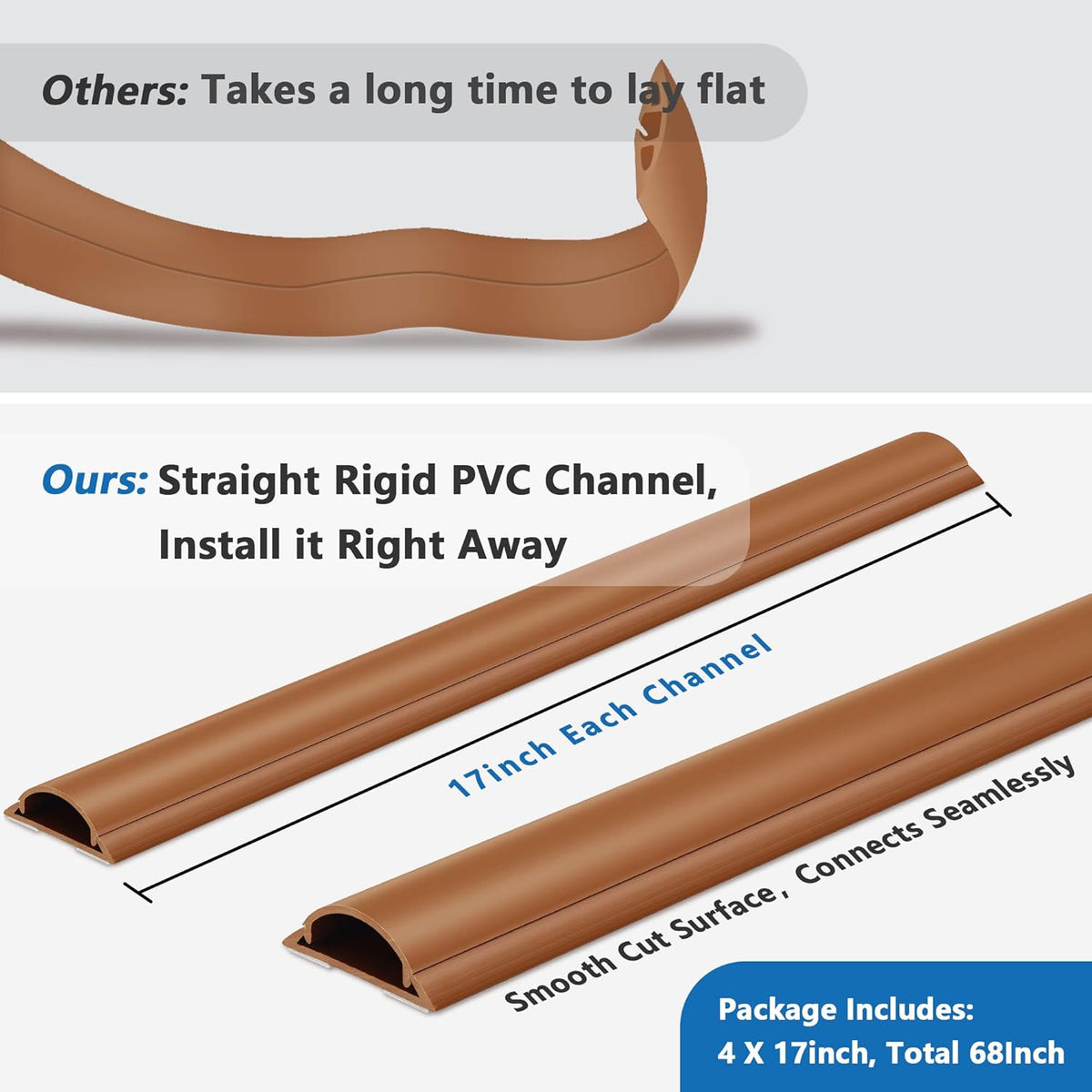 Cord Hider Floor 68in (4 x L17in), Large Capacity Floor Cord Cover, Hard PVC Wire Cover, Cable Management Floor, Brown, Cord Cavity - 1.1"(W) x 0.4"(H)