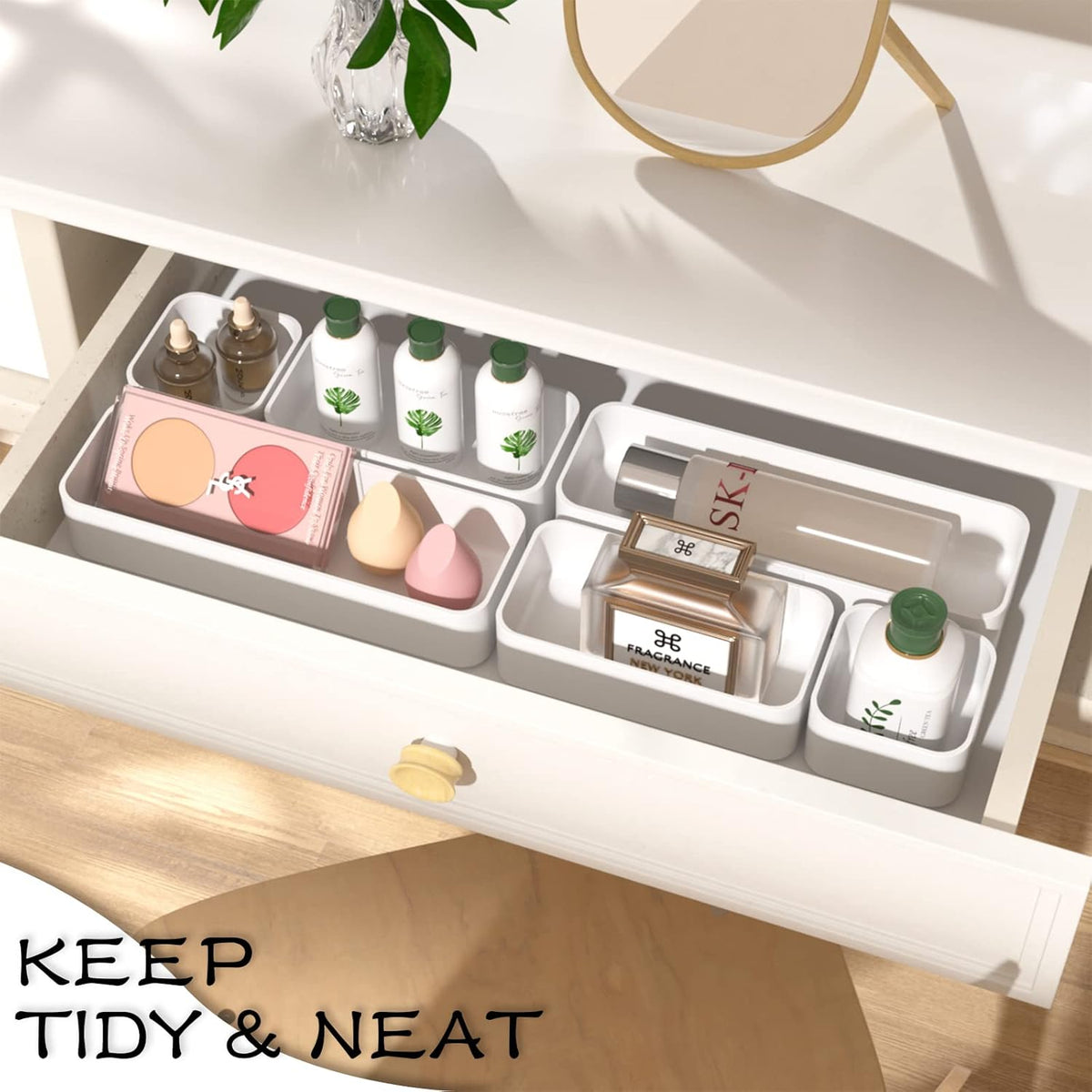 CHANCETSUI 6 PCS Stackable Drawer Organizers Set, Versatile Desk and Vanity Drawer Organizer Trays, Storage Bins for Makeup, Bathroom, Bedroom, Kitchen and Office, White