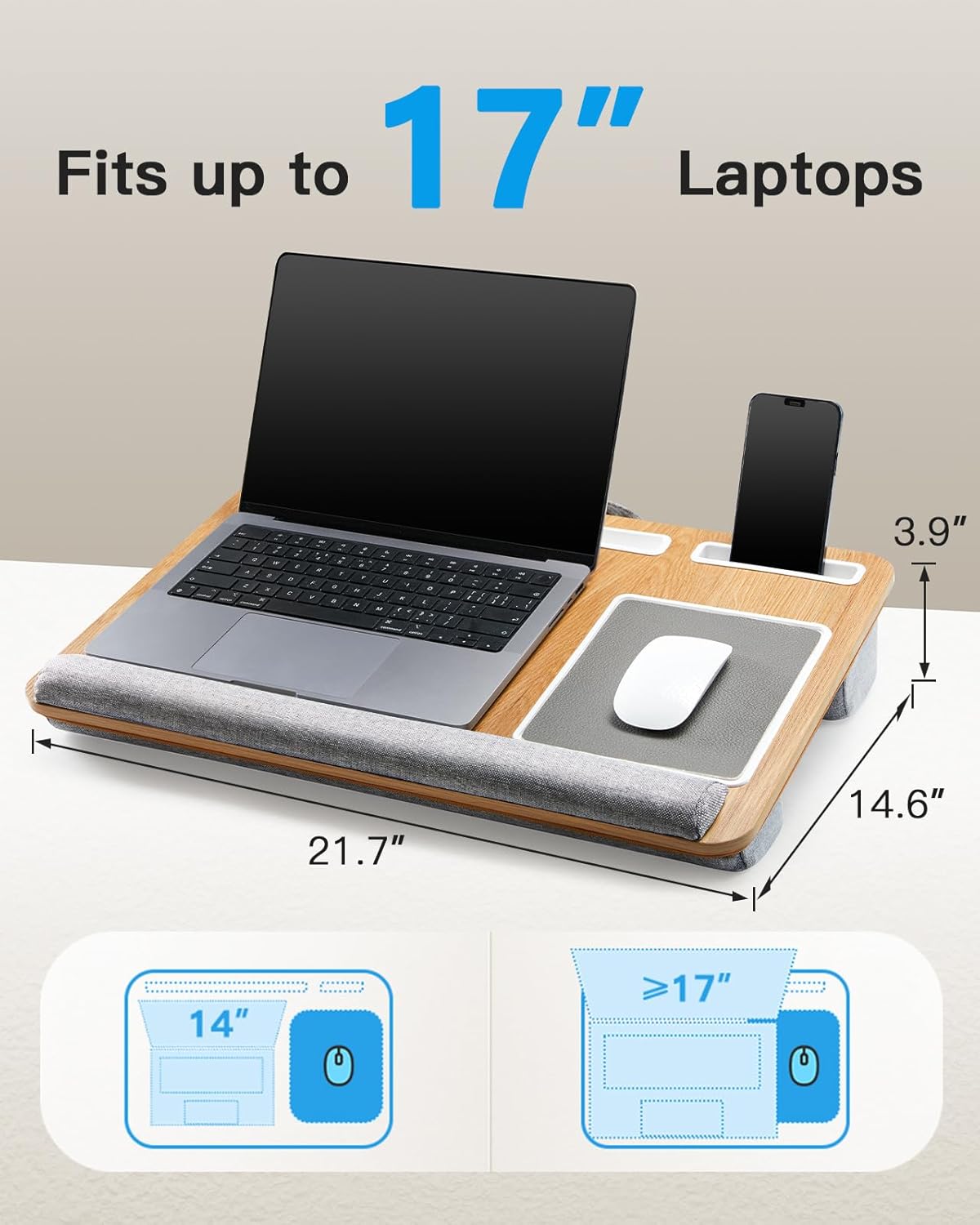 HUANUO Lap Desk - Fits up to 17 inches Laptop Desk, Built in Mouse Pad & Wrist Pad for Notebook, Laptop, Tablet, Lap Stand with Tablet, Pen & Phone Holder (Wood Grain)