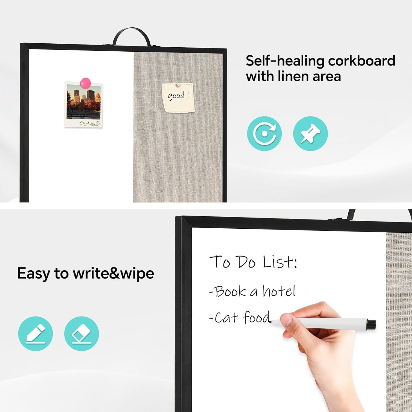 White Board Linen Bulletin Board Combo, 16"x12", Double-Sided Magnetic Dry Erase Cork Board for Walls, Aluminum Frame Small Pin Board with Handles for Home, Office, School, Gray Felt
