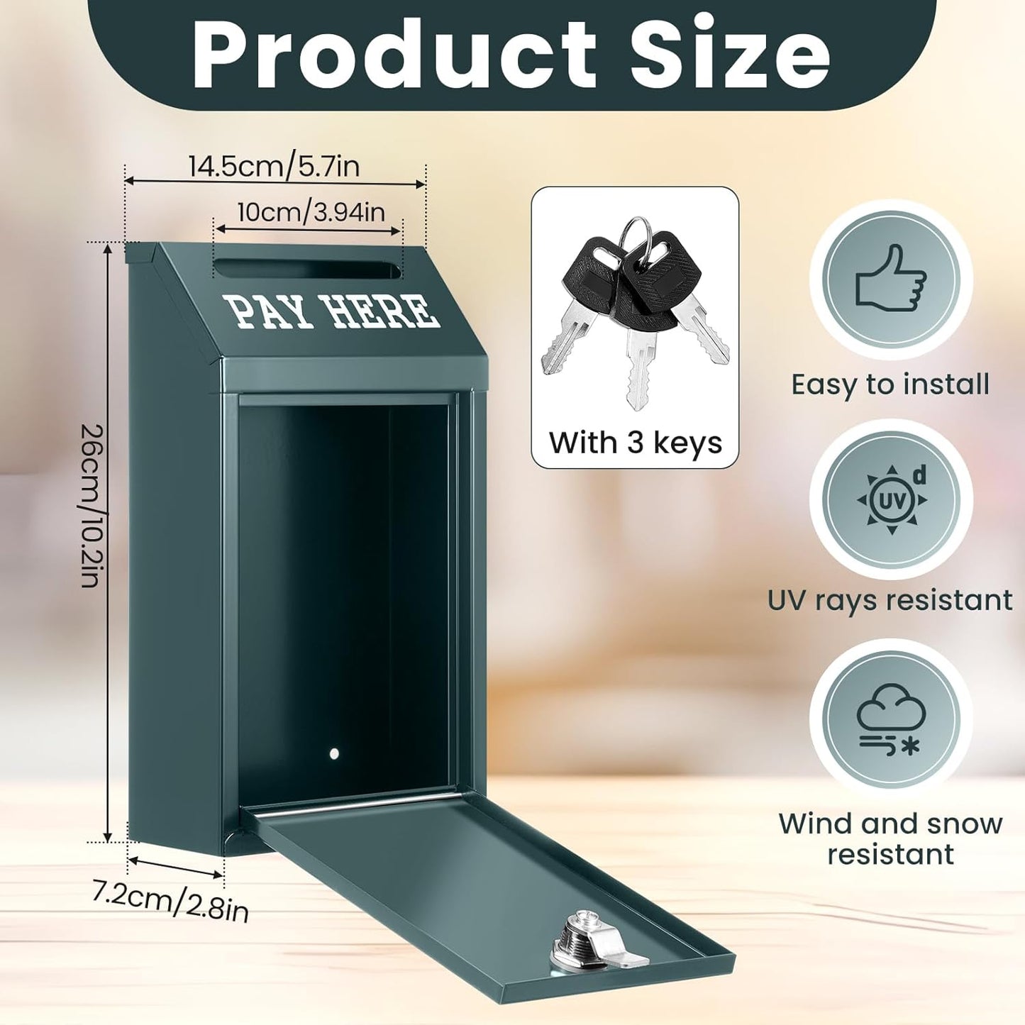 Safe Cash Box Money Collection Metal Donation Box with Lock Wall Mount Pre Drilled Mailbox Delivery Ballot for Home Office Outdoor Self Serve Stand(Dark Green,10.2 x 5.7 x 2.8 Inch)