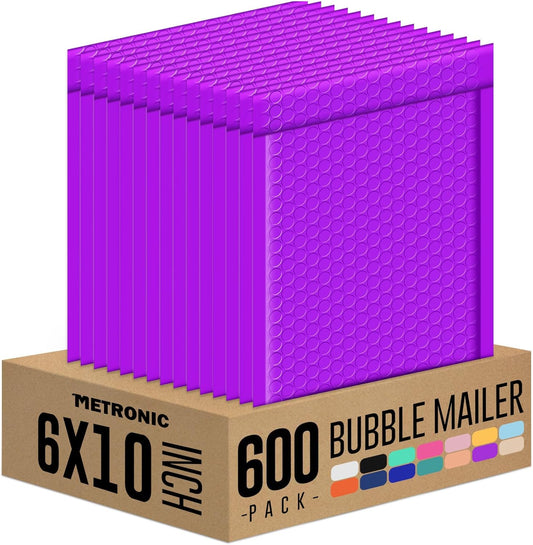 Metronic Bubble Mailers 6x10 Purple, Case of 600, Self-Seal Poly Padded Mailer Envelopes Packaging Bags, Bulk Package Packing Shipping Supplies for Small Business, Boutique, Jewelry, Lip Gloss