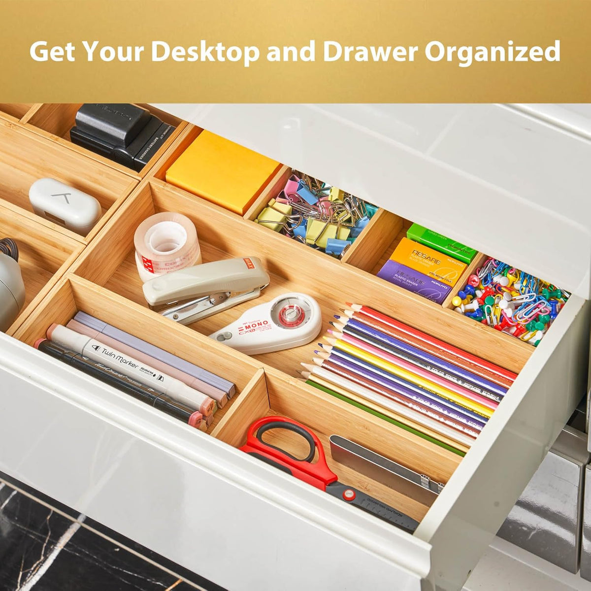 Umilife Large Bamboo Desk Drawer Organizer, Wood Junk Organizer Tray with Adjustable Dividers, Anti-Skip Storage Organization in Office Bathroom Drawer for Vanity, Makeup, 15" x 12"