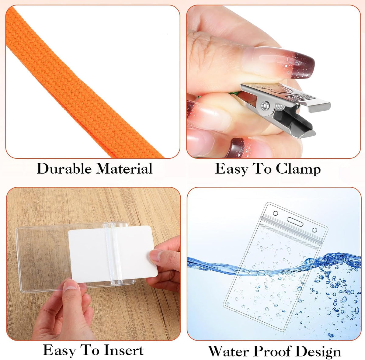 Marspark 100 Pcs Name Tag Lanyards with ID Holder Lanyards for ID Badges Resealable Flat Neck Name Tag with Clip Waterproof Plastic Clear Badges Bulk for School Office Supplies (Orange)