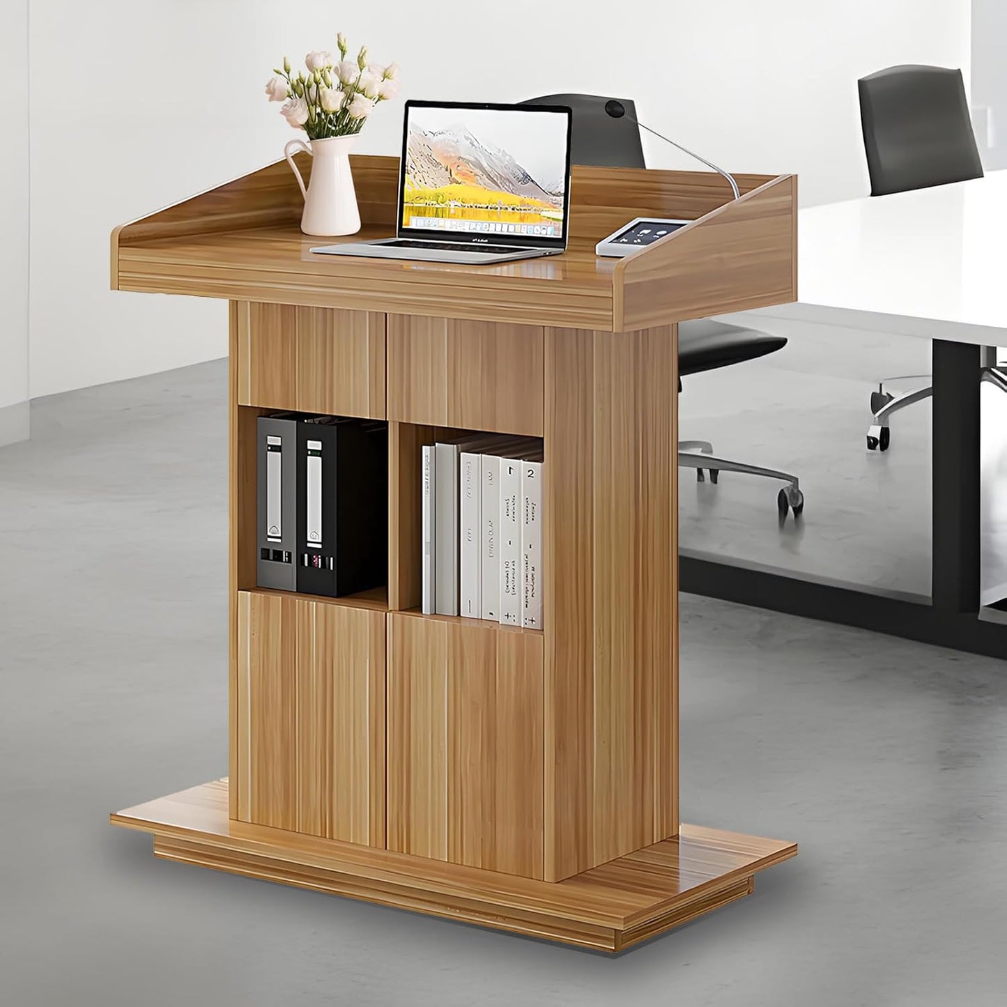 Solid Wooden Podium Stand Podiums for Classroom Lectern Podium Stand Wood Church Pulpit with 3 Levels of Storage and Heightened Baffles (Wood Color, 39.4in)