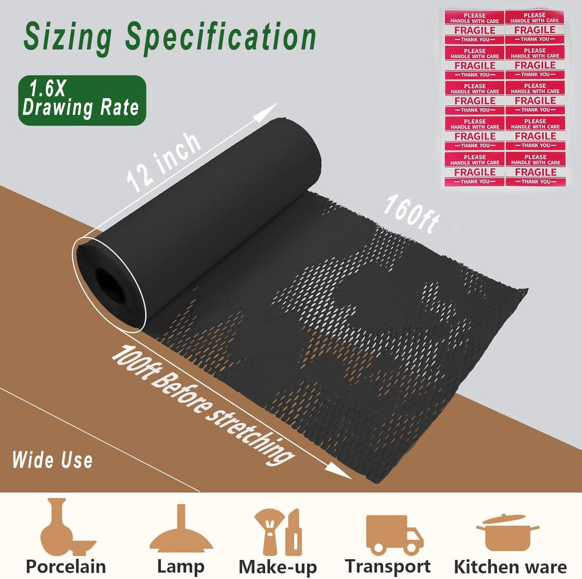 Honeycomb Packing Paper, 12" x 100' Packing Paper Substitute Alternative for Bubble Cushioning Wrap for Moving Shipping Packaging, Recyclable Moving Supplies Bubble Packing Wrap Roll-Black