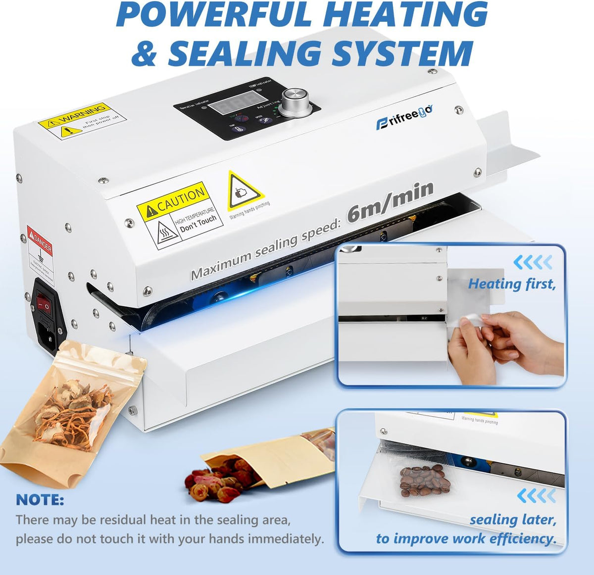 Commercial Grade Heat Sealer Automatic Continuous Heat Bag Sealing Machine, Temp&Speed Adjustable, Heavy Duty Horizontal Bag Sealing Machine for Kinds of Plastic Packing Bags, Desktop White