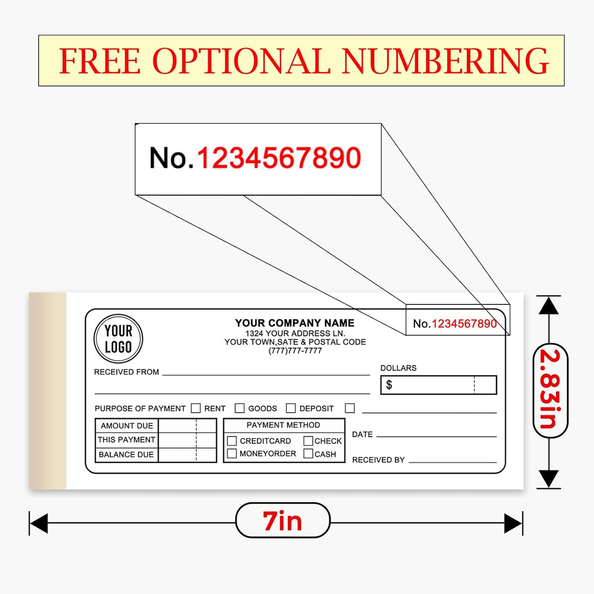 Custom Invoice Book for Small Business,2.8 x7 Inches Invoice Receipt Book,2-Part Carbonless Forms, Personalized Company Name, Address, Phone Number