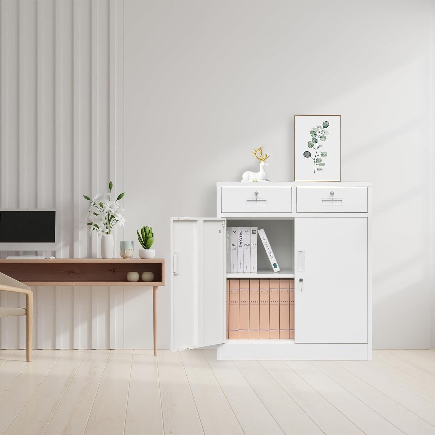 CMY Metal Storage Cabinet with Two Drawers, 36" H Steel Cabinets with Adjustable Shelf, Locking Storage Cabinet for Office, Garage, Home-White