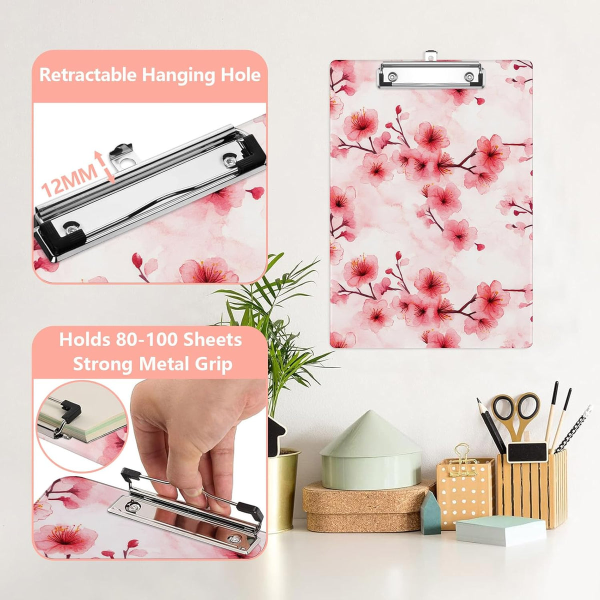 Pink Cherry Blossom Plastic Clipboards,Cute Fashion Clipboard Decorative 8.5" x 12.5"Standard A4 Size Clipboards,Acrylic Clipboard for Teacher,Social Worker,Students,Nurse,Office Supplies