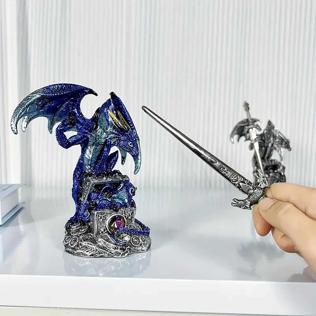 Dragon Statue Holding Silver Draconian Sword Letter Opener Figurine Dragon Sculpture Medieval Fantasy Home Office Decor 7.68 Inches (Blue)