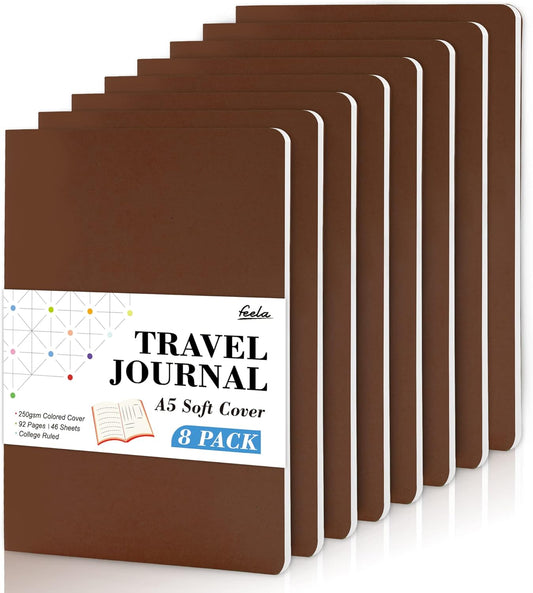 feela 8 Pack Soft Cover Journal Bulk, Notebooks College Ruled for Work, Lined Travel Journal for Women Men, Note Taking Notebook School Supplies Business Writing, 8.2” x 5.5”, A5, Brown