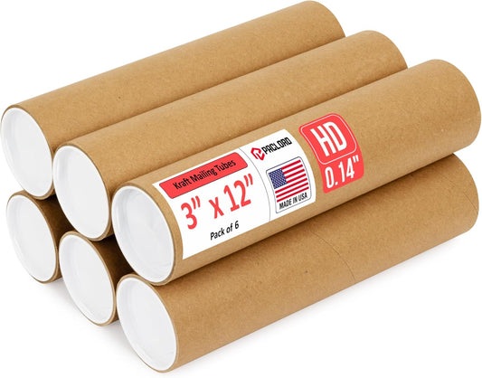 3" x 12" Heavy-Duty Reinforced Cardboard Mailing Tube, Pack of 6 Tubes with 12 Caps – Secure USPS Approved – Great for Shipping and Storing of Prints, Artwork, Posters or Documents