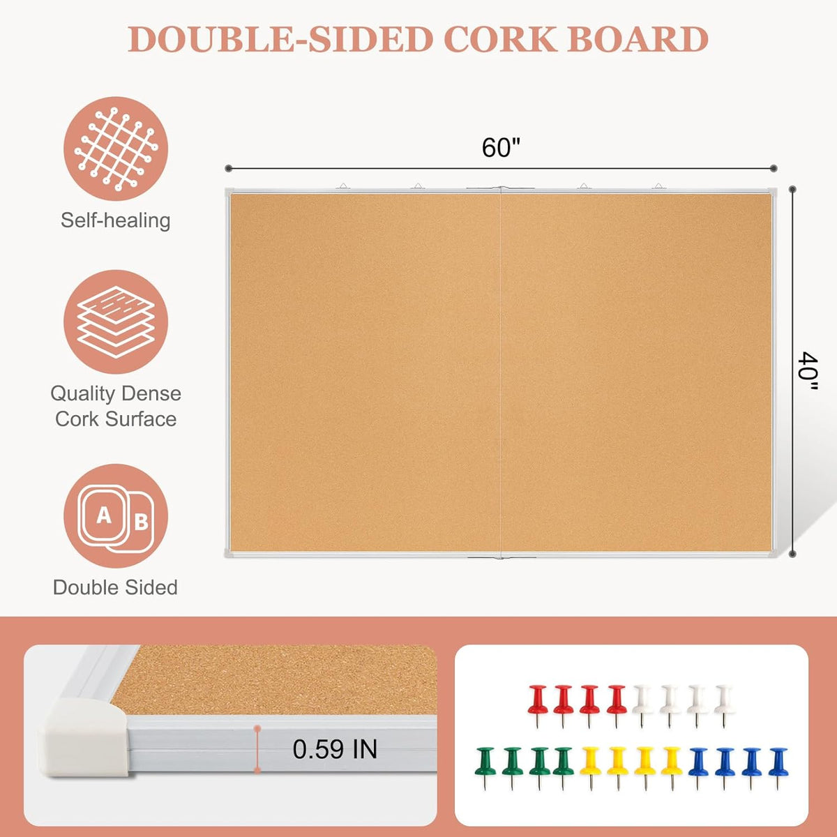 Double-Sided Large Cork Board, 60" x 40" Foldable Hanging Aluminum Framed Bulletin Board, Vision Board Pin Board Corkboards for Walls, Office, School Decor, 20 Pushpins