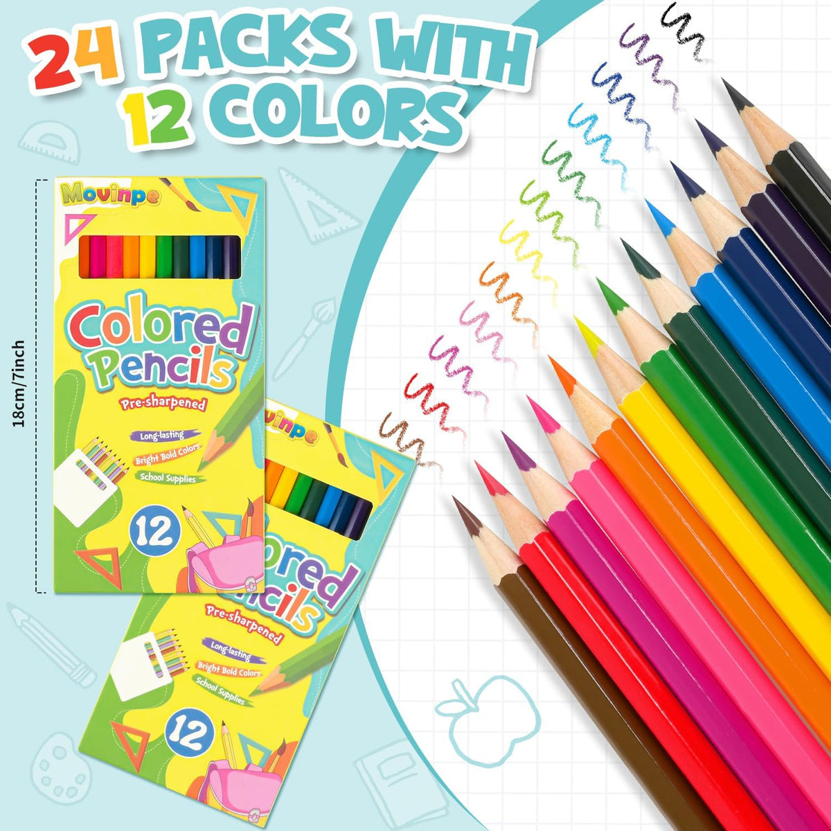 MOVINPE 288 Count Colored Pencils Bulk for Kids Teachers Adults, 24-Box Pre‑Sharpened Colored Pencils 12 Vivid Colors Back to School Supplies Classroom Prizes Coloring Art Supplies