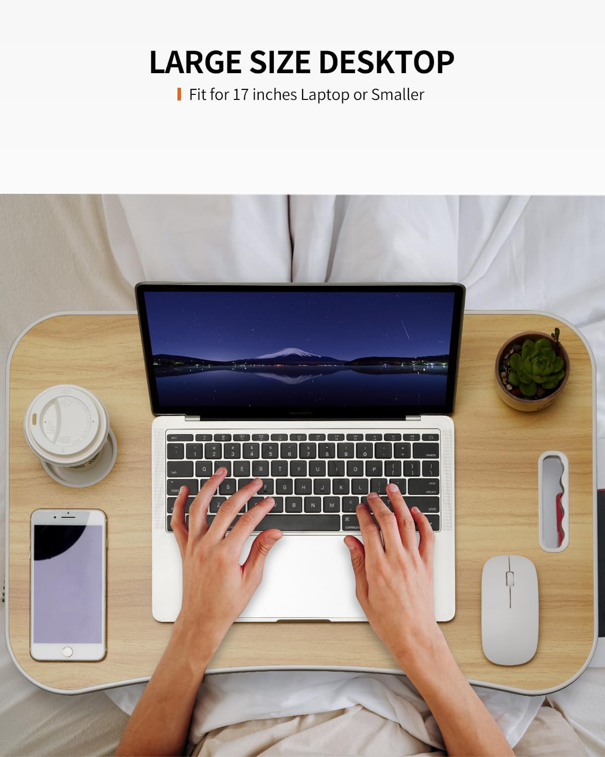 Foldable Laptop Table, Portable Lap Desk Bed Table Tray, Laptop Stand with Cup Holder & Tablet Slot & Lifting Handle for Working Writing Drawing & Eating (Wood)