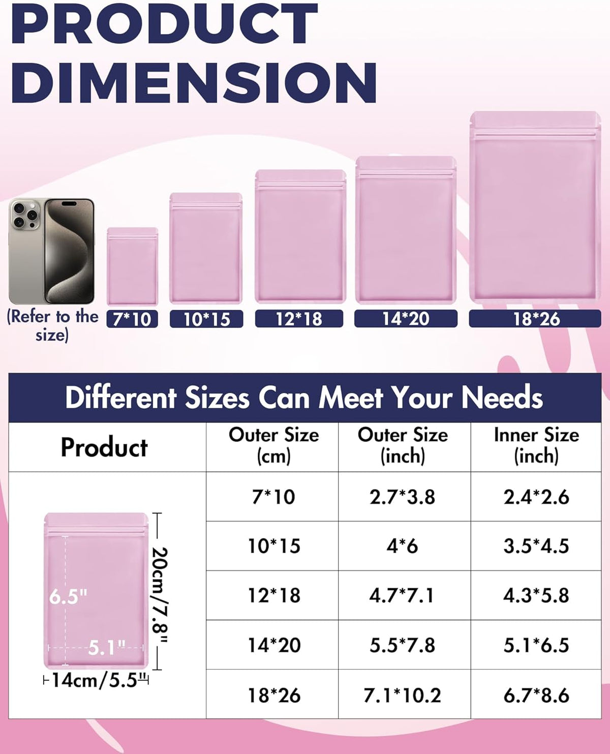 FireKylin 100 Pack Resealable Packaging Bags for Small Business Double-Sided Color Smell Proof Bags for Food Storage Flat Bags (Pink, 5.5" x 7.8")