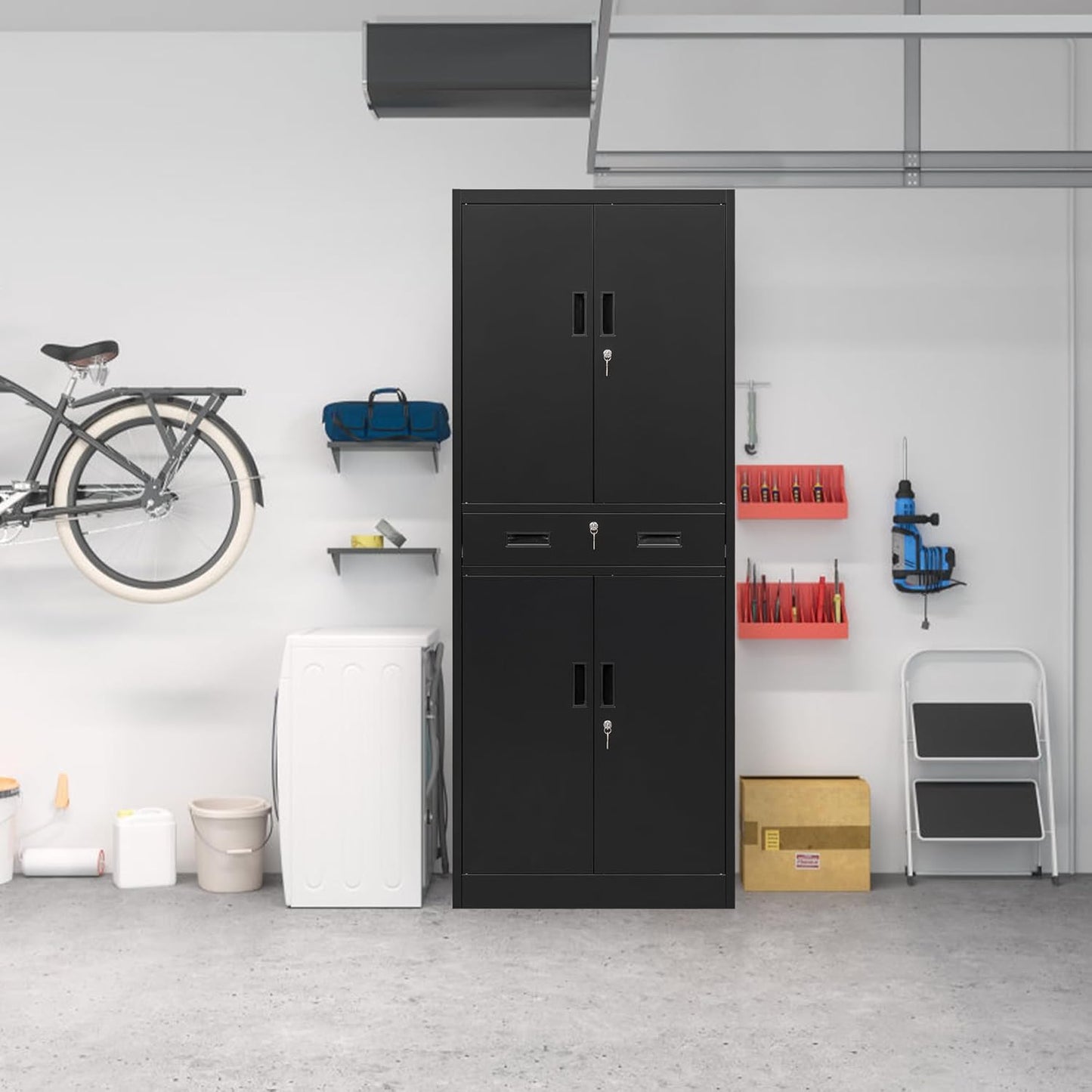CMY Metal Storage Cabinet, 71" H x 28" W x 16" D Locking Storage Cabinet with Adjustable Shelves and One Drawer, Steel Cabinets for Office, Garage, Home, School, Utility Room(Black)