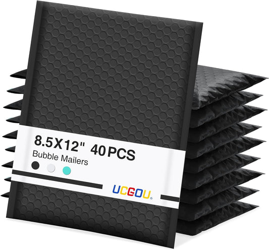 UCGOU Bubble Mailers 8.5x12 Inch 40 Pack Usable Size 8.5x11 Inch Black Padded Envelopes Medium Waterproof Packaging Bags for Shipping Self Seal Strong Adhesive Envelopes for Jewelry Makeup Supplies