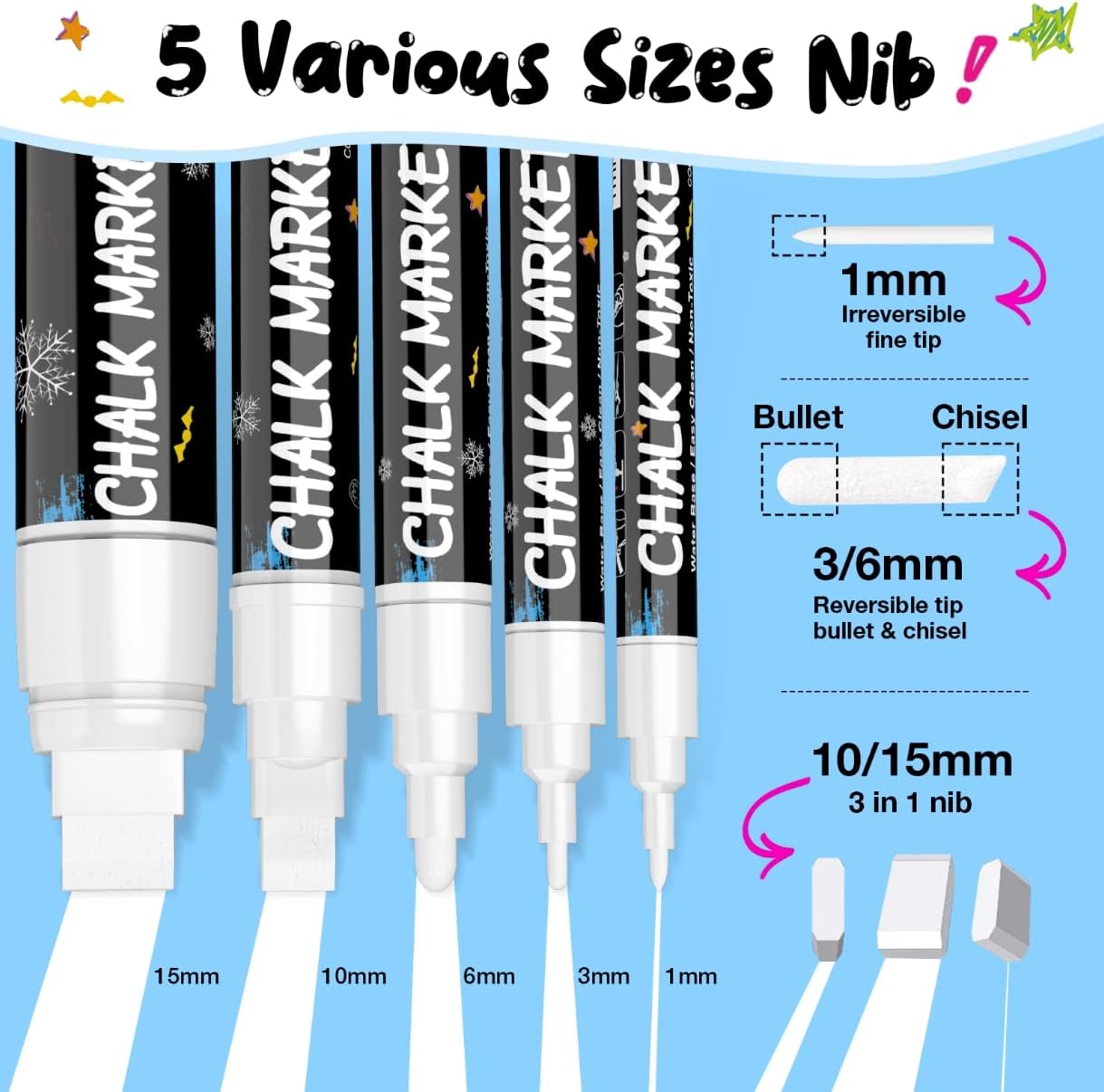White Window Chalk Markers Pen: 6 Pack White Glass Marker, Liquid Chalk Marker for Chalkboard Signs, Car Window Paint Marker Pen for Bistro, Jars, Erasable, Non-Toxic, 5 Nib Sizes (1, 3, 6, 10, 15mm)