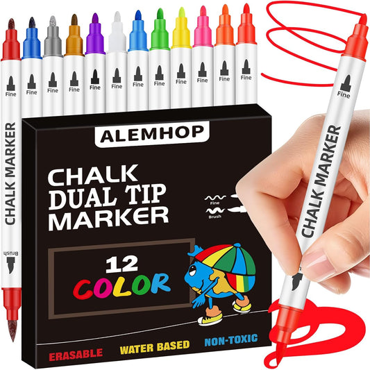 Liquid Chalk Markers Dual Tip - Wide Tip & Fine Tip, 12 Colors Washable Car Chalk Window Markers Pen for Auto Glass Mirror Poster First Day of School Sign Board, Stocking Stuffer for Teens Kids