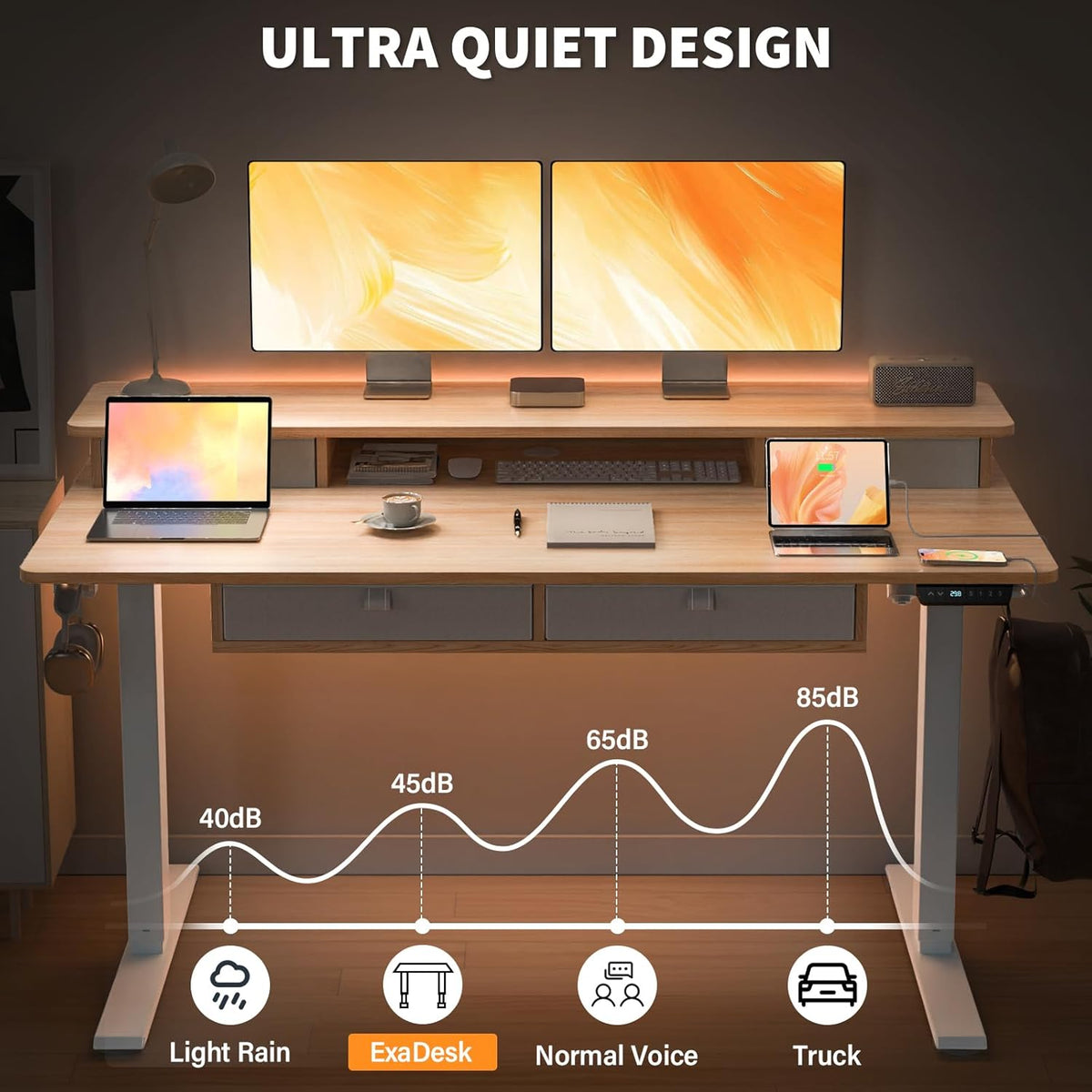 48 * 30 Inches Electric Standing Widened Desk Adjustable Height with 4 Drawers, Double Storage Shelves, Home Office Workstation Sit Stand up Desk (Nature)
