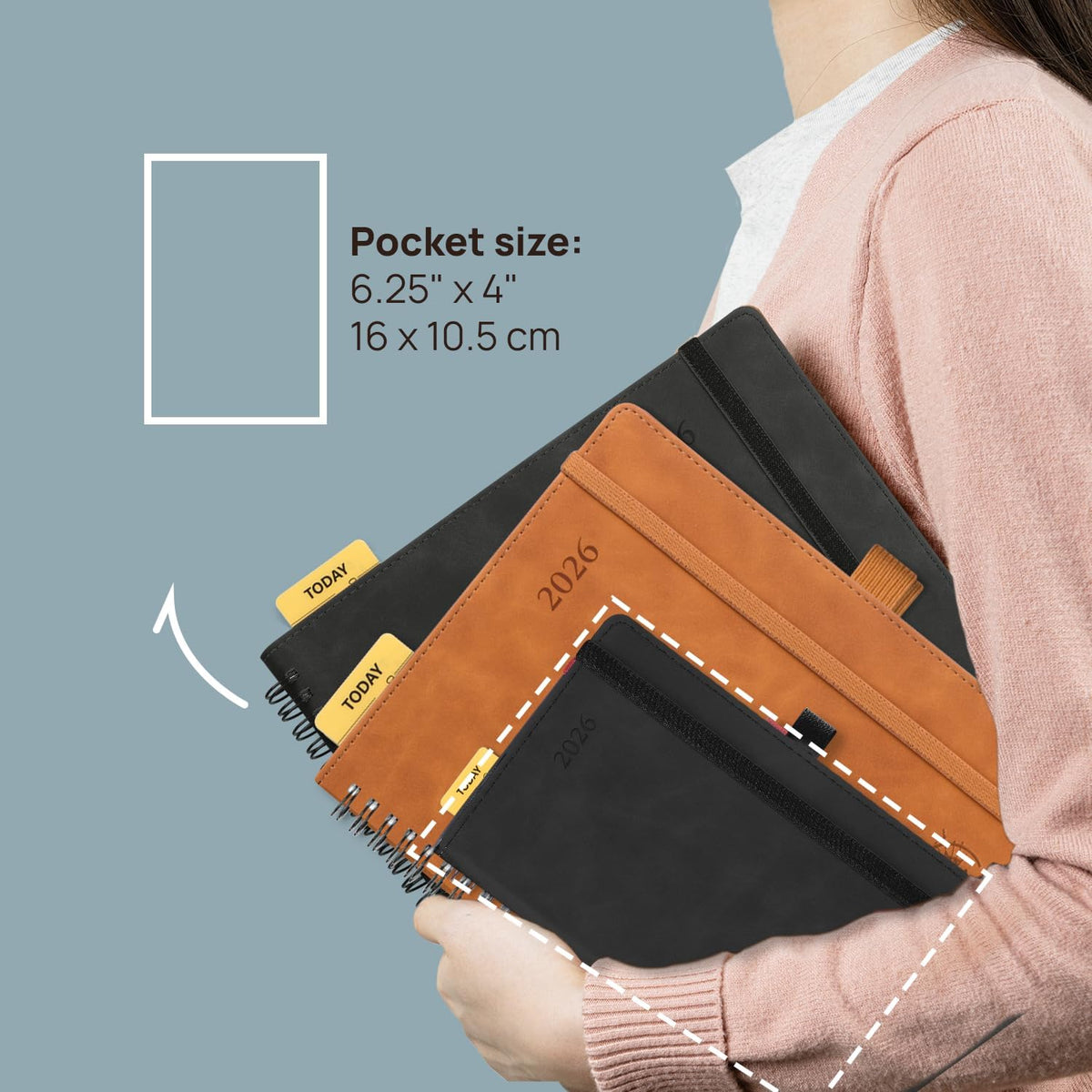 POPRUN 2026 Planner Weekly Notebook (Jan-Dec), Small Size 4''x 6.25'' - 2026 Pocket Calendar for Purse with Spiral Soft Cover, Plastic Ruler, Inner Pocket, 100 GSM - Claret