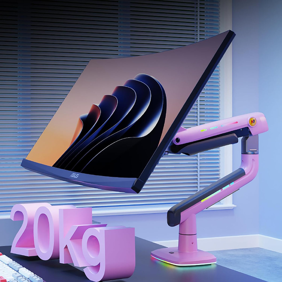 NB Gaming Monitor Arm or for 32 to 60 Inches Screen, Load up to 20 kg, VESA 75/100, RGB-Light, Heavy Duty, Multi Angle Adjustable, Premium Aluminum, Pink