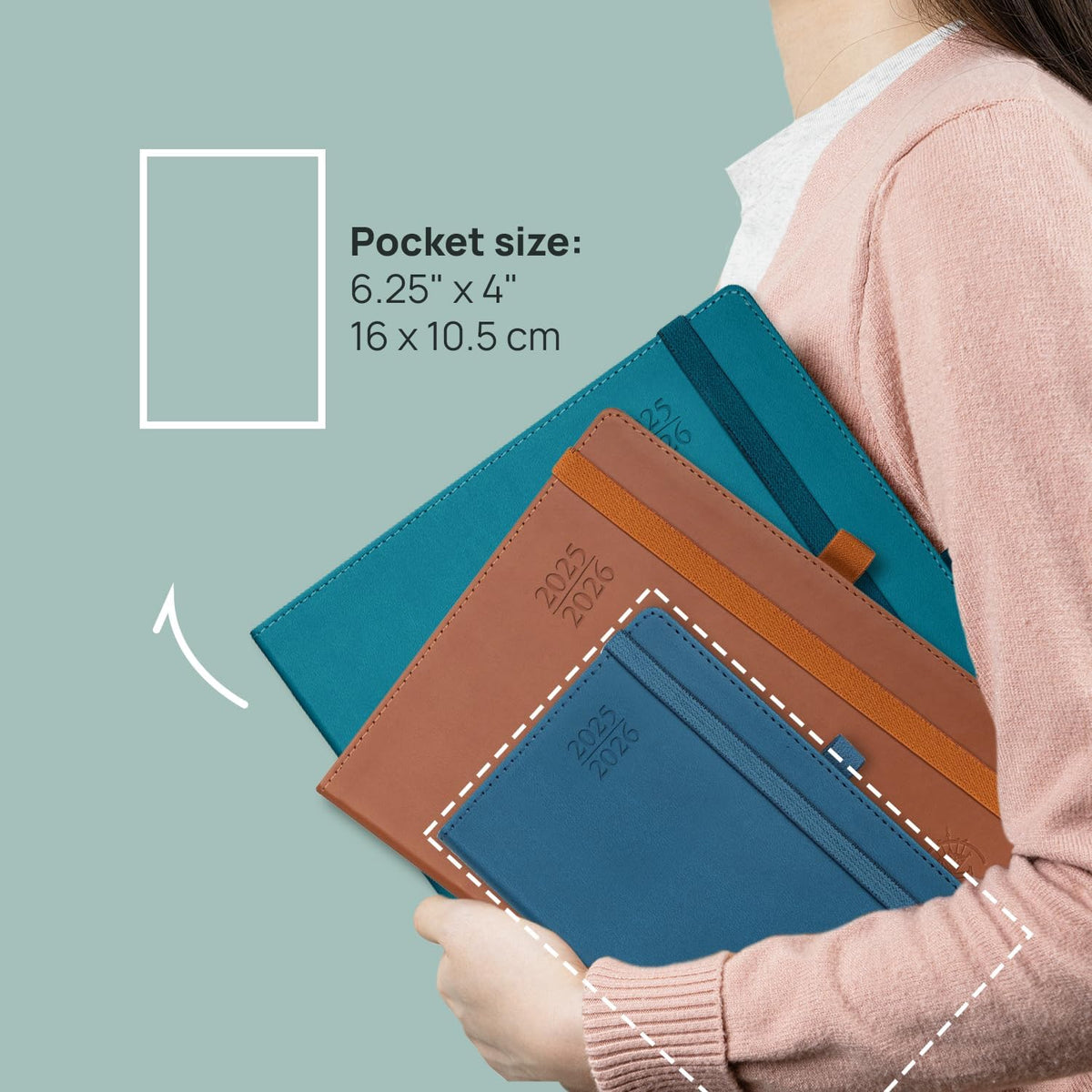 POPRUN Pocket Planner 2025-2026 (Purse Size 4'' x 6.25'') Academic Purse Calendar (July 2025 - June 2026) with Hourly Time Slots, 100GSM Thick Papers, Leather Soft Cover - Blue Green